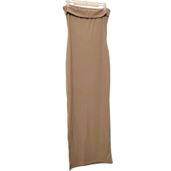 BTFBM Strapless Tube Knit Backless Slit Formal Bodycon Beige Maxi Dress Small - Picture 3 of 5